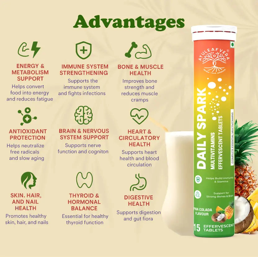 Ayuleafvera Daily Spark Multivitamins for Immunity & Brain Power in Pina Colada Flavored (15 Tablets)