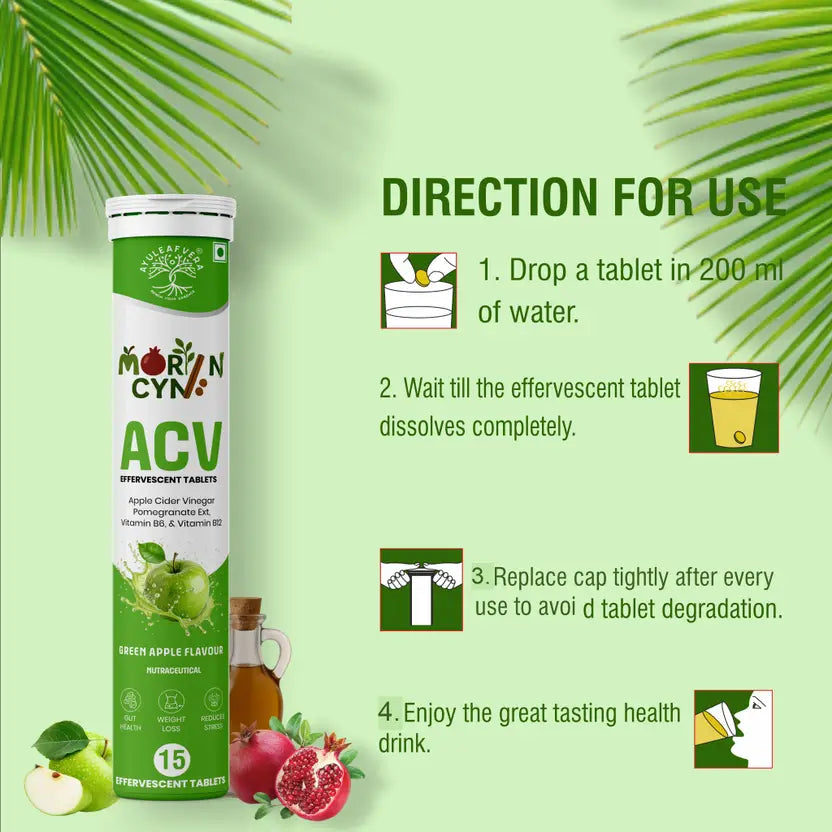 Ayuleafvera Morincyn ACV Effervescent Tablet-Weight Loss &Gut Health with B12,B6,Pomegranate (15 Tablets)