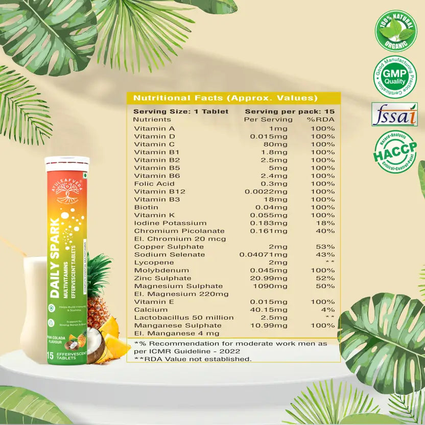 Ayuleafvera Daily Spark Multivitamins for Immunity & Brain Power in Pina Colada Flavored (15 Tablets)