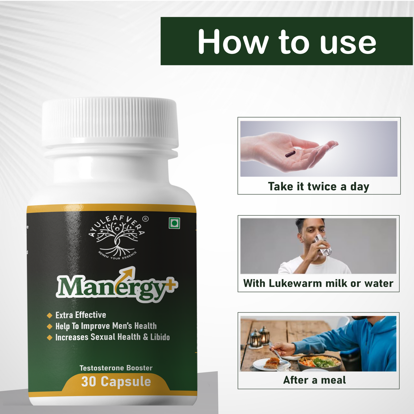 Ayuleafvera - Manergy+ Fire Capsule - Ayurvedic Stamina Booster For Men (30 Capsules)