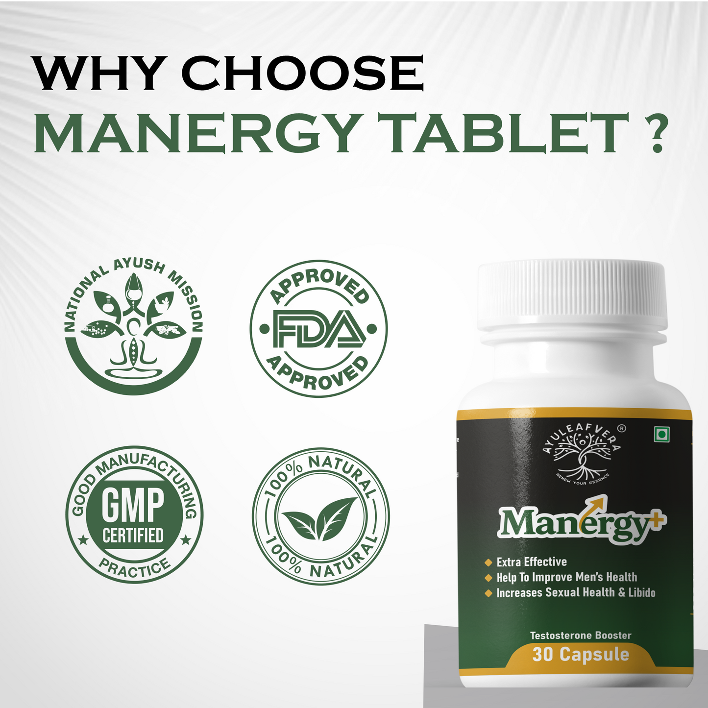 Ayuleafvera - Manergy+ Fire Capsule - Ayurvedic Stamina Booster For Men (30 Capsules)